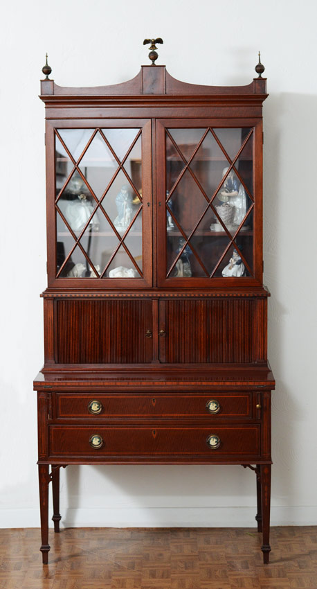 Appraisal: WARSAW FURNITURE MFG CO MAHOGANY INLAID TAMBOUR SECRETARY BOOKCASE Top