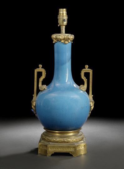 Appraisal: Napoleon III Gilt-Brass-Mounted Bleu Persan-Glazed Porcelain Kerosene Parlor Lamp in