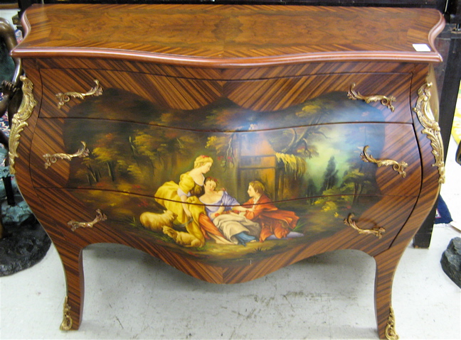 Appraisal: LOUIS XV STYLE VERNIS MARTIN BOMBE COMMODE the front featuring