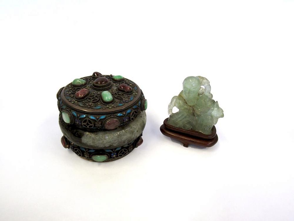 Appraisal: Chinese Enameled Silver Jade and Stone Box Chinese jade bangle