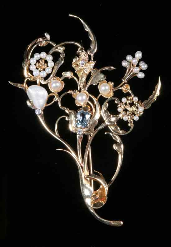 Appraisal: EDWARDIAN K YELLOW GOLD PEARL AND GEMSTONE FLORAL SPRAY BROOCH