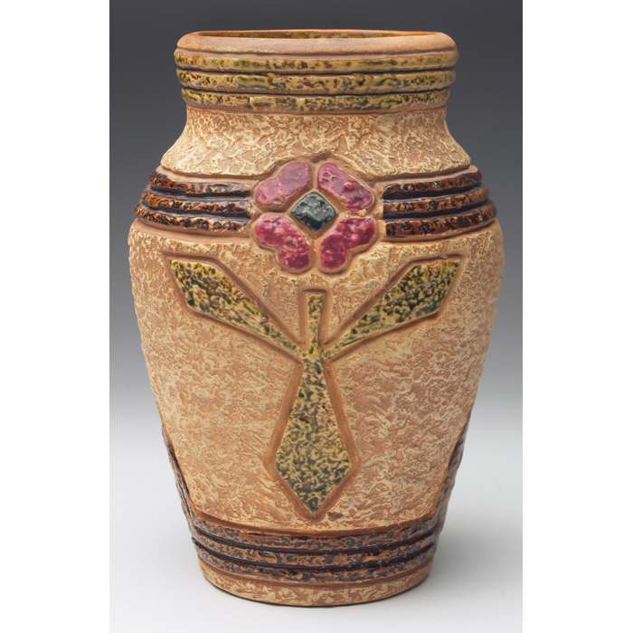 Appraisal: Roseville Mostique vase colorful floral designs ''w x ''h