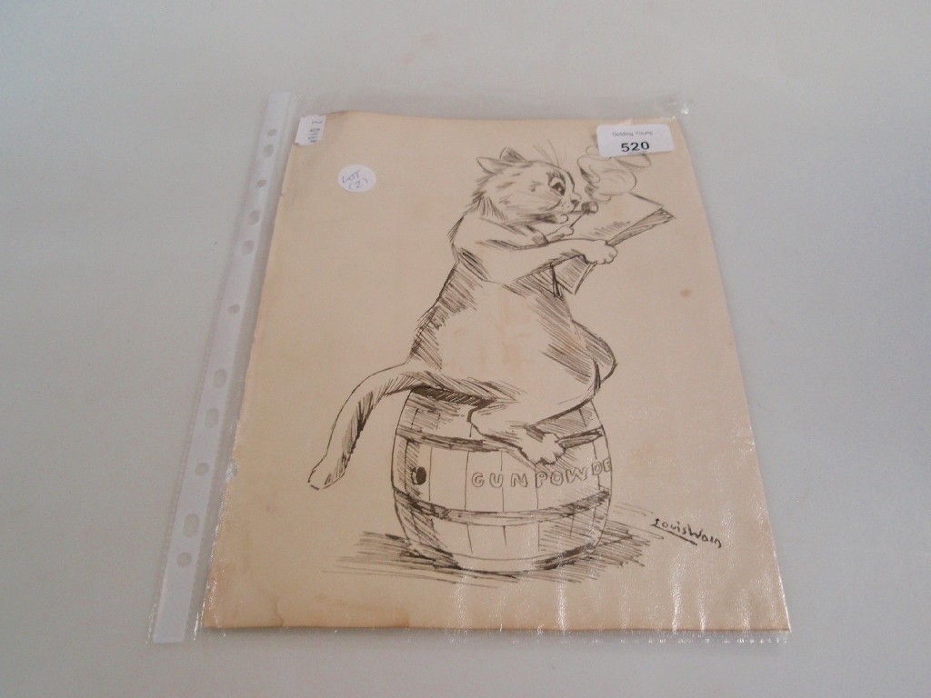 Appraisal: Manner of Louis Wain Pipe smoking cat on a barrel