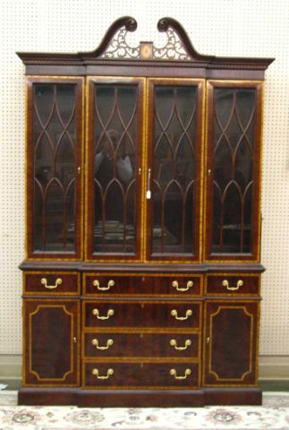 Appraisal: Councill Furniture decorator banded mahogany two-piece Chippendale breakfront china cupboard