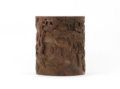 Appraisal: A Chinese cylindrical bamboo brushpot deeply carved with figures in