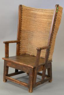 Appraisal: Small pine wing chair with woven rounded back Small pine