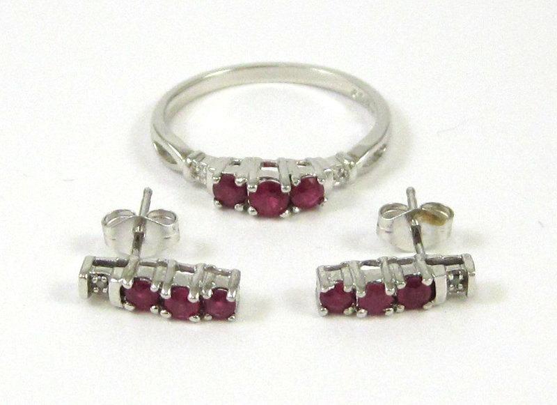 Appraisal: THREE ARTICLES OF RUBY AND DIAMOND JEWELRY including a pair