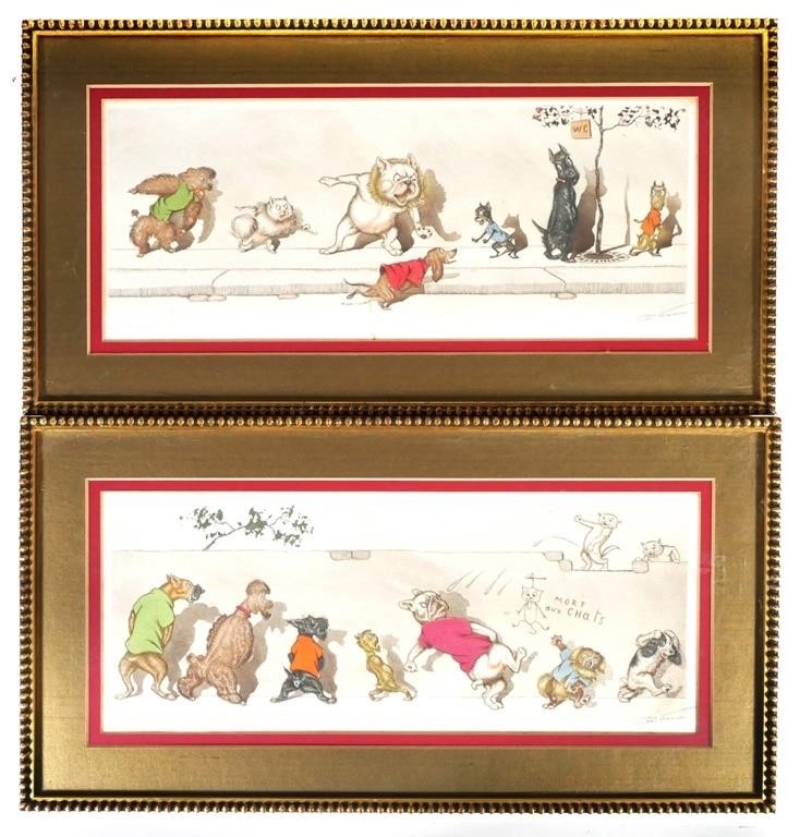 Appraisal: Two hand colored etchings of anthropomorphic Paris street dogs by