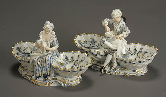 Appraisal: Pair of Meissen Parcel Gilt Blue and White Figural Double