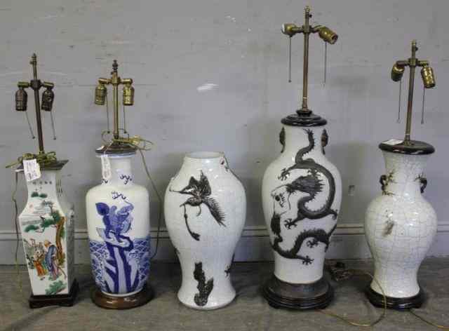 Appraisal: Asian Lamp Lot Includes two crackle glaze lamps with applied