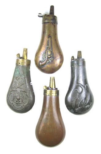 Appraisal: FOUR SMALL SIZE POWDER FLASKS single sided copper body with