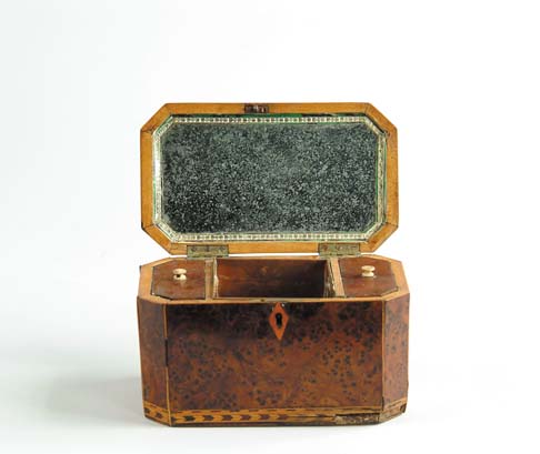 Appraisal: GOOD ENGLISH BURL AND INLAID TEA CADDY Rectangular cut corner