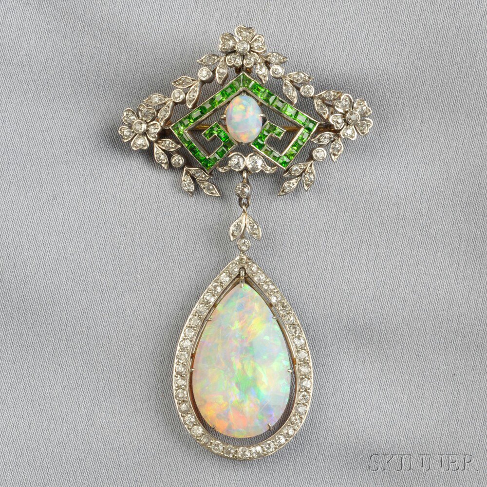 Appraisal: Edwardian Opal Demantoid Garnet and Diamond Pendant Brooch set with