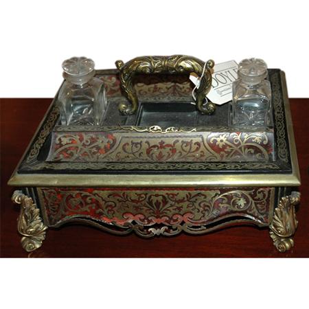 Appraisal: Boulle Style Brass and Faux Tortoise Shell Veneered Ebonized Inkstand