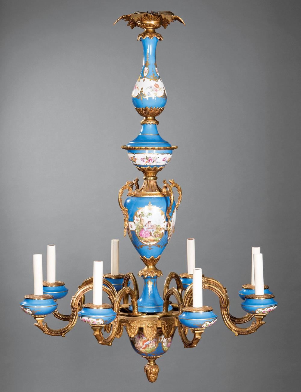 Appraisal: French Sevres-Style Gilt Metal-Mounted Eight-Light Chandelier th c vasiform standard