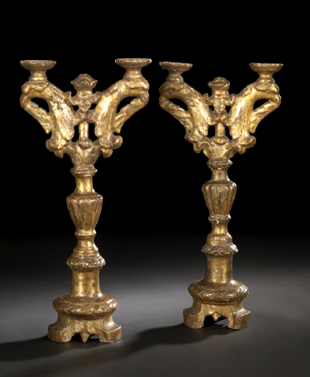 Appraisal: Pair of Italian Provincial Carved Giltwood Eagle-Headed Tripodal Two-Light Candelabra