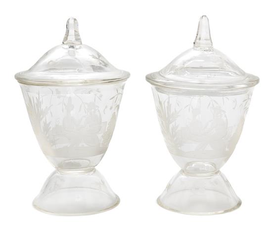 Appraisal: Sale Lot A Pair of Engraved Glass Covered Jars decorated