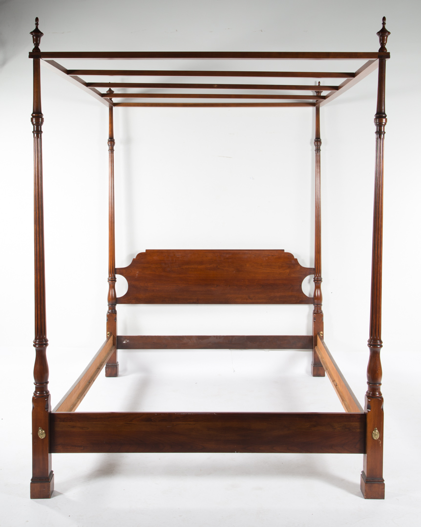 Appraisal: Centennial cherrywood queen bedstead flat tester fluted and tapered tall