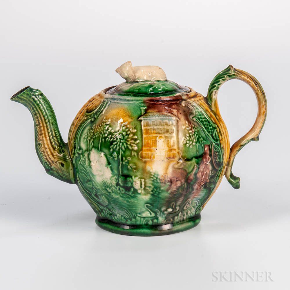 Appraisal: Staffordshire Lead-glazed Landskip Teapot and Cover Staffordshire Lead-glazed Landskip Teapot