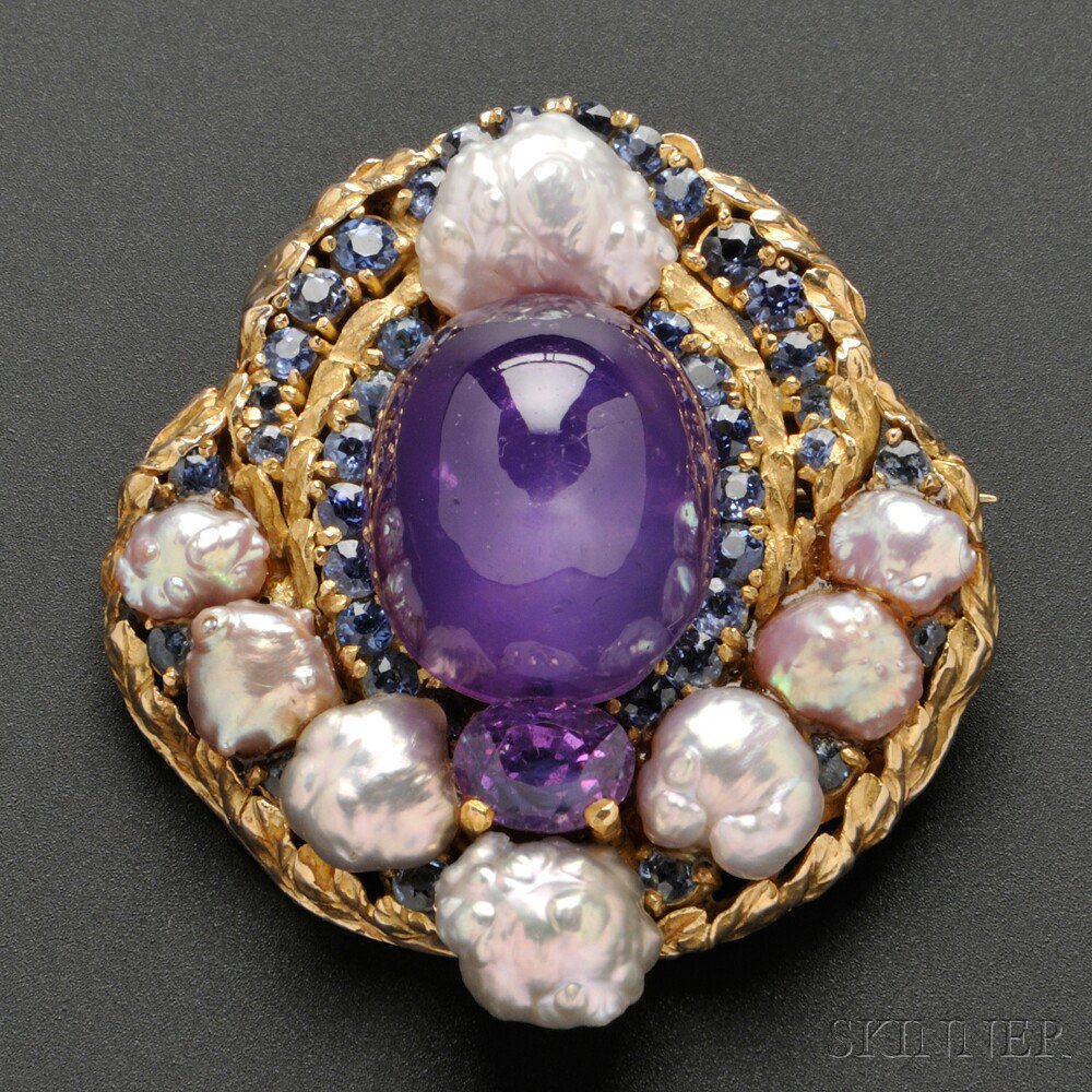 Appraisal: Arts Crafts Purple Star Sapphire and Freshwater Pearl Brooch Tiffany