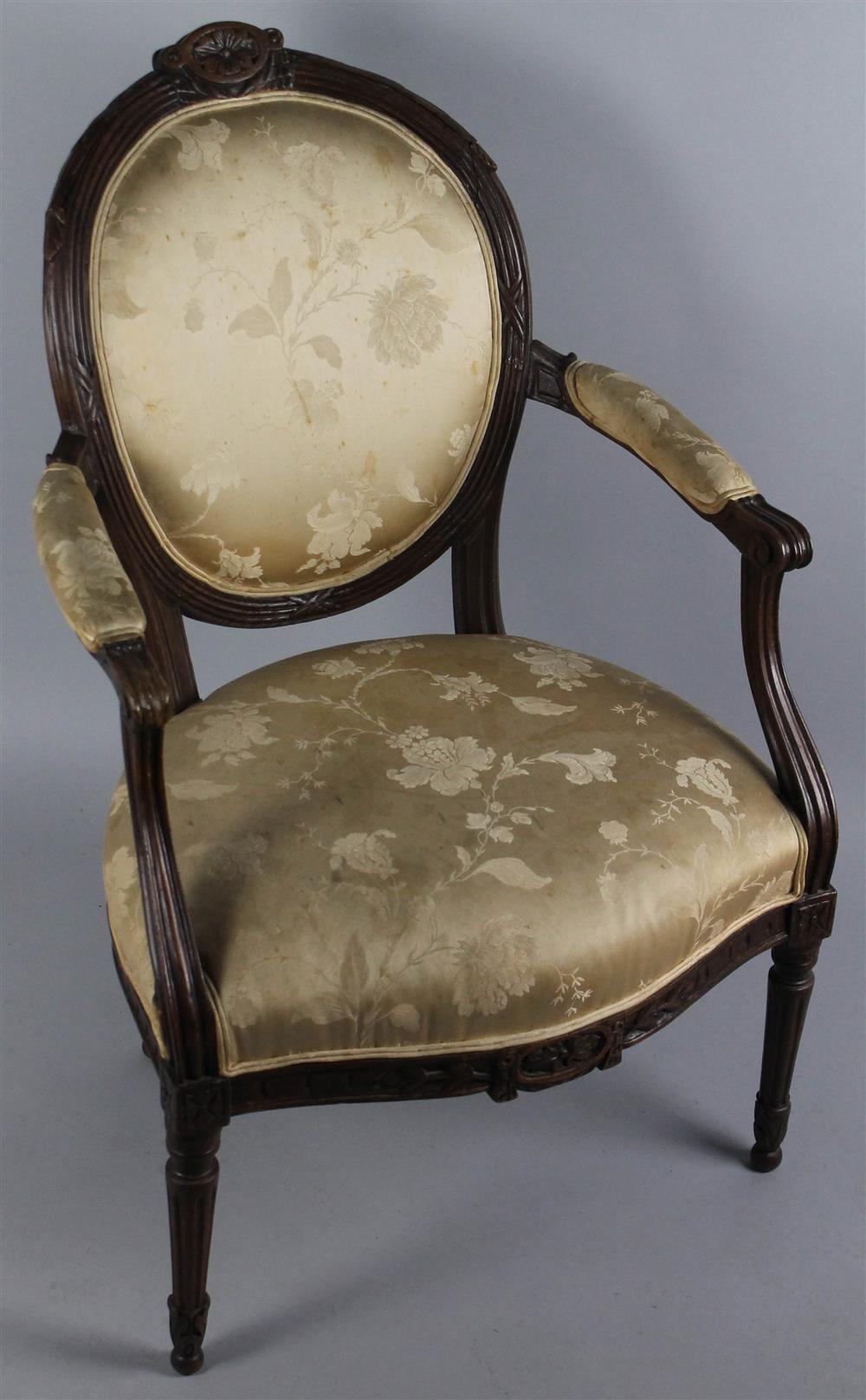 Appraisal: LOUIS XVI STYLE OPEN ARM CHAIR oval carved back with