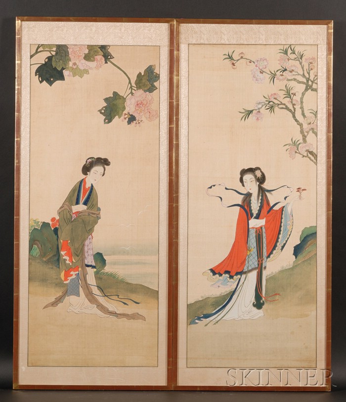 Appraisal: Pair of Framed Paintings China ink and colors on silk