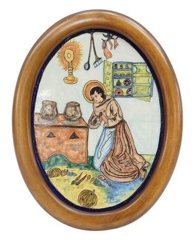 Appraisal: Spanish Colonial style glazed earthenware tile retablo depicting San Pasquale