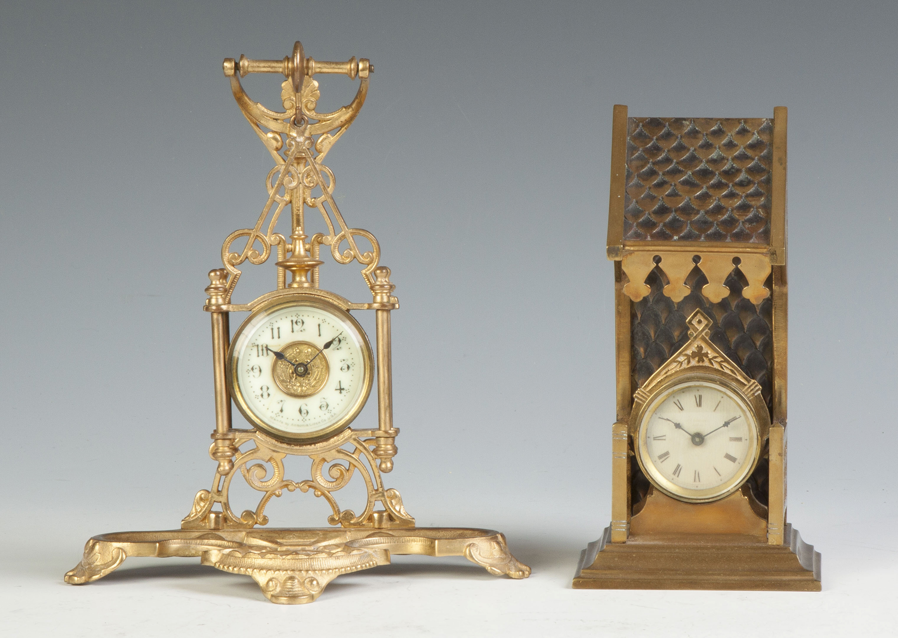 Appraisal: Two Brass Novelty Clocks Ansonia Parker Whipple L Ansonia all