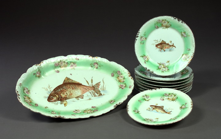 Appraisal: Ten-Piece Victoria Porcelain Works Austria Green-Bordered and Floral-Decorated Porcelain Fish