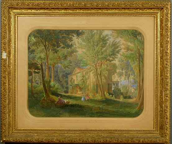 Appraisal: Finely detailed watercolor painting of a mansion with mother and