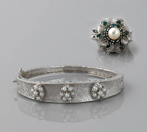 Appraisal: A seed pearl and white gold bangle together with a