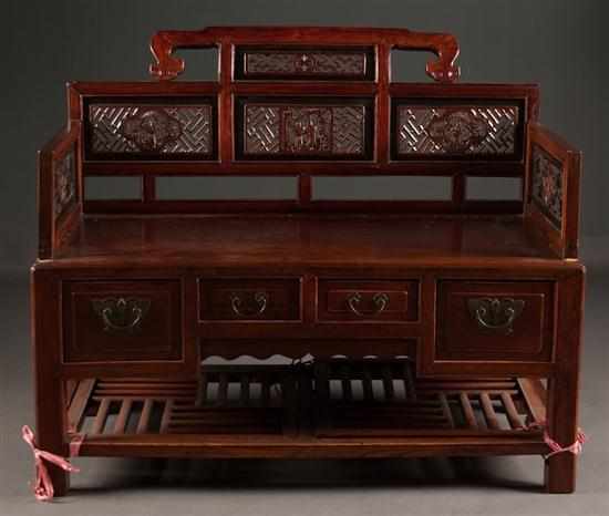 Appraisal: Chinese carved elmwood bench th century back rail and side