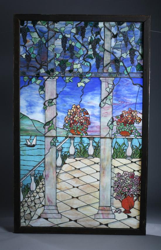 Appraisal: IMPRESSIVE TIFFANY-STYLE STAINED GLASS WINDOW early-to-mid th century Large-scale depiction