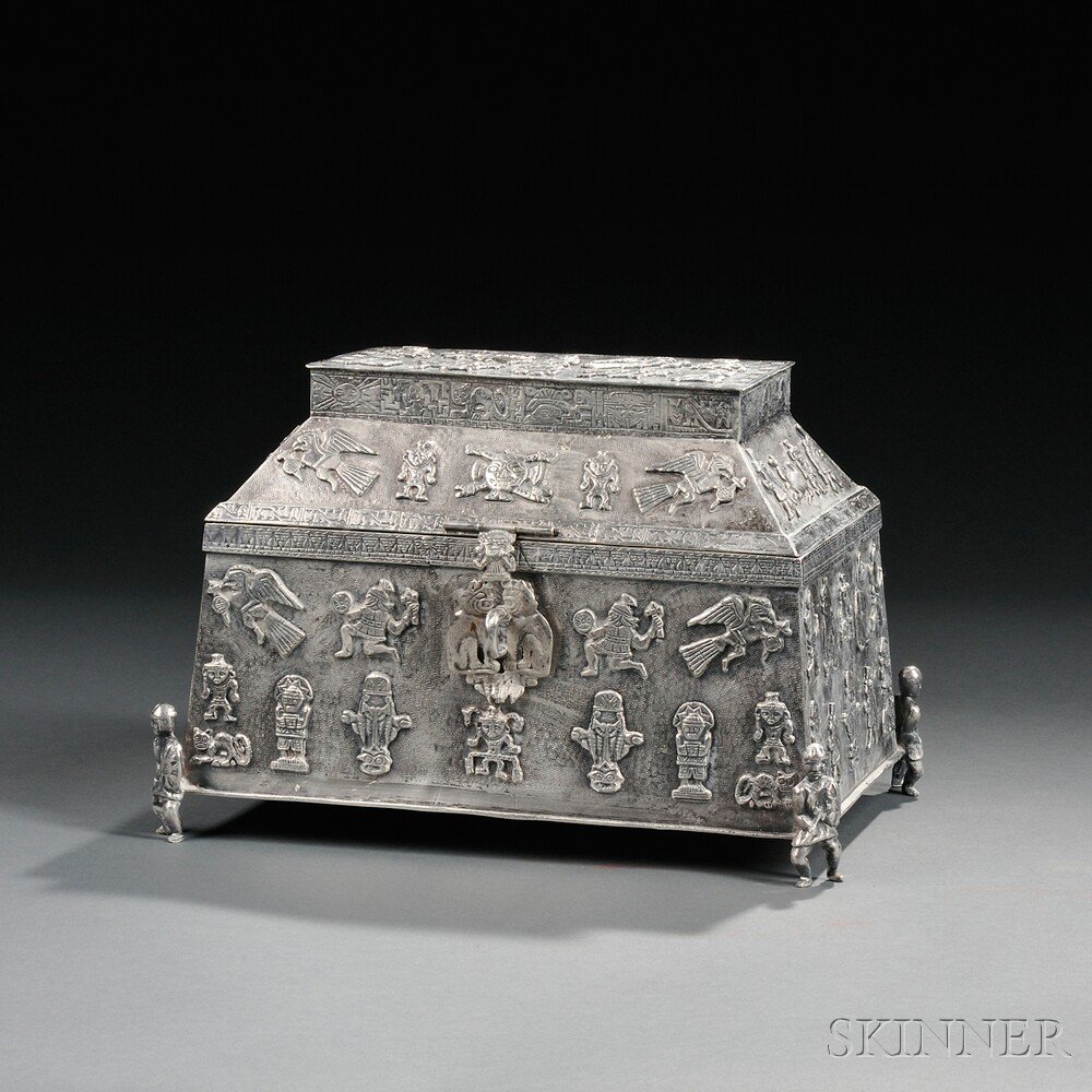 Appraisal: Peruvian Sterling Silver Casket th century unidentified maker's marks to