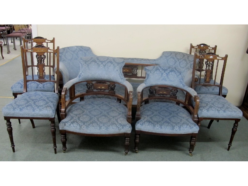 Appraisal: An Edwardian rosewood inlaid parlour suite seven pieces comprising chaise