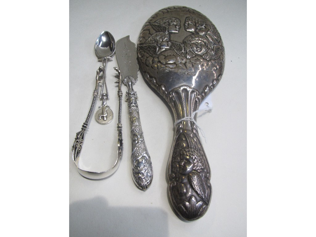 Appraisal: Lot comprising silver hand mirror butter knife tongs etc