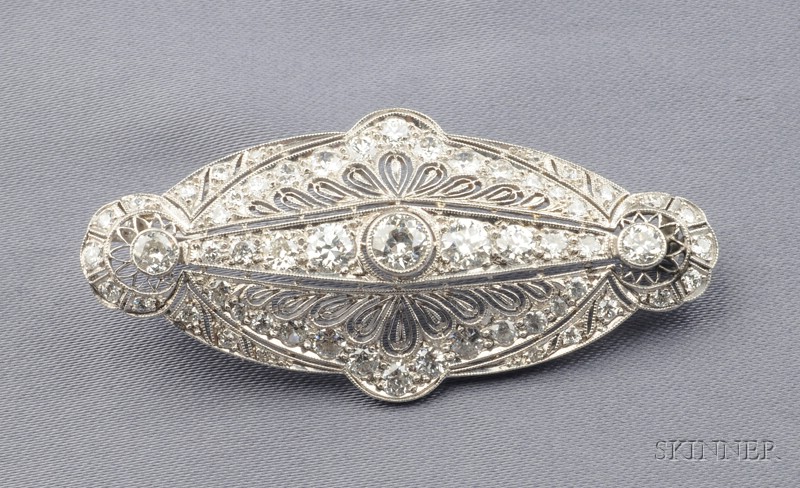 Appraisal: Art Deco Platinum and Diamond Brooch set with old European