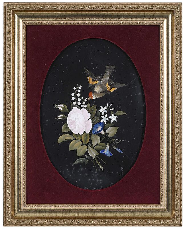 Appraisal: Framed Pietra Dura Floral and Bird Plaque Italian th century