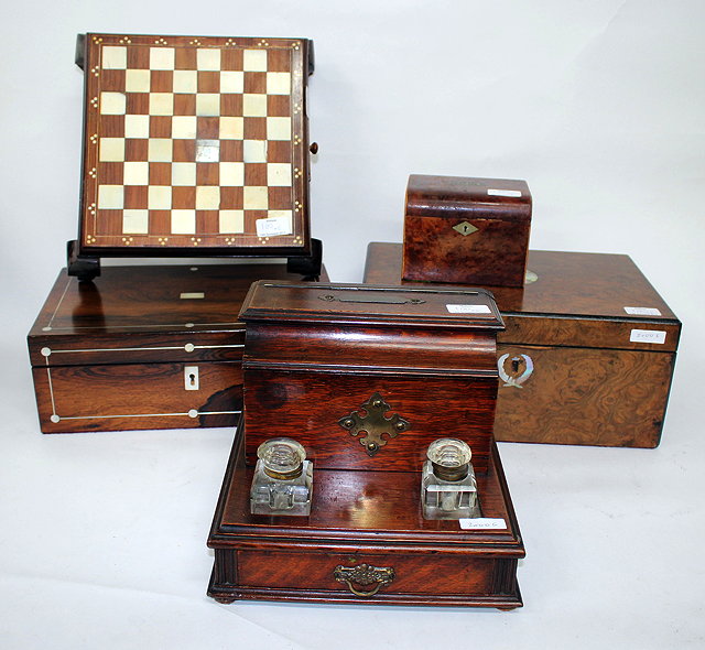 Appraisal: A TH CENTURY ROSEWOOD WRITING BOX together with a burr