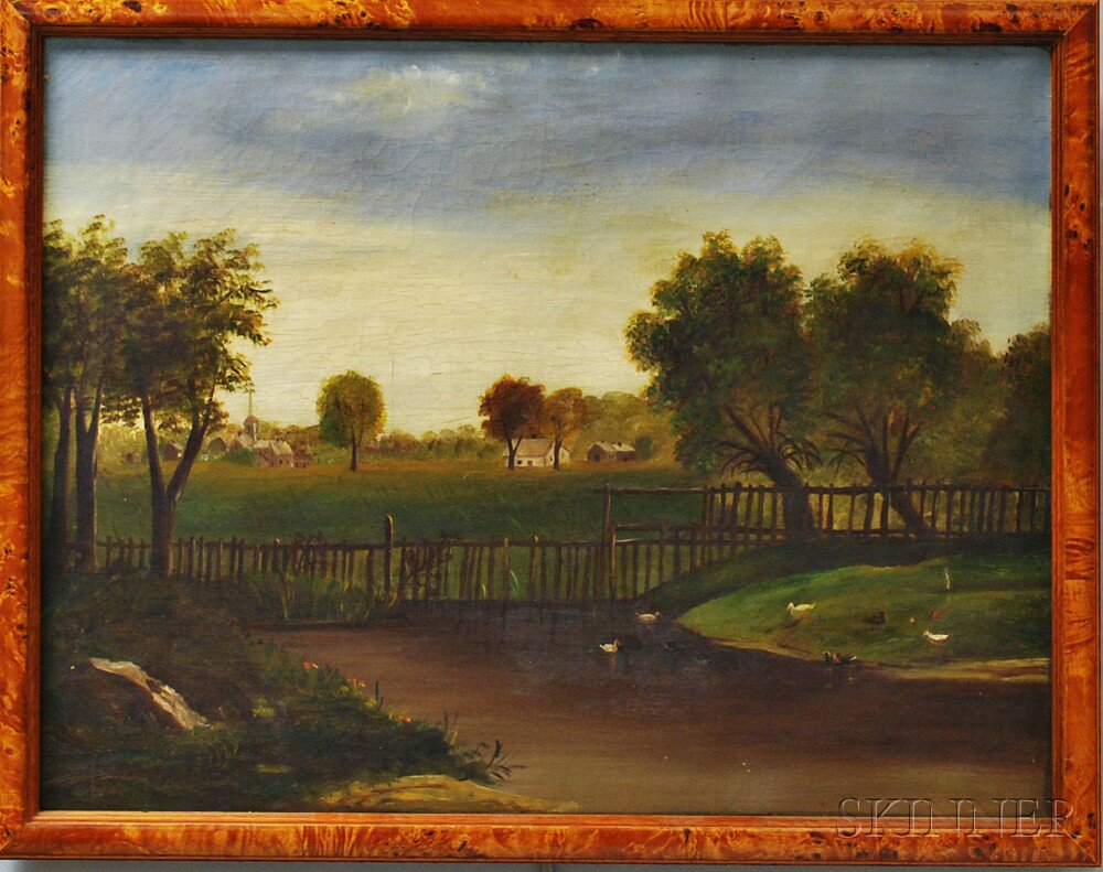 Appraisal: American School th Century Village Scene with Ducks Unsigned Oil