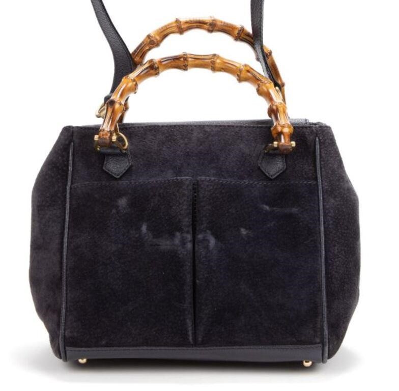 Appraisal: Gucci mini tote handbag in navy suede with gold-tone hardware