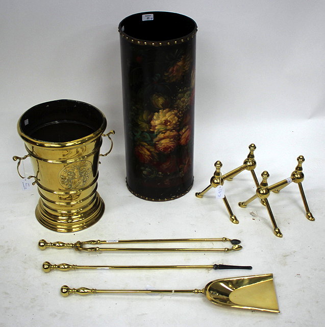 Appraisal: A SET OF THREE BRASS FIRE IRONS together with a