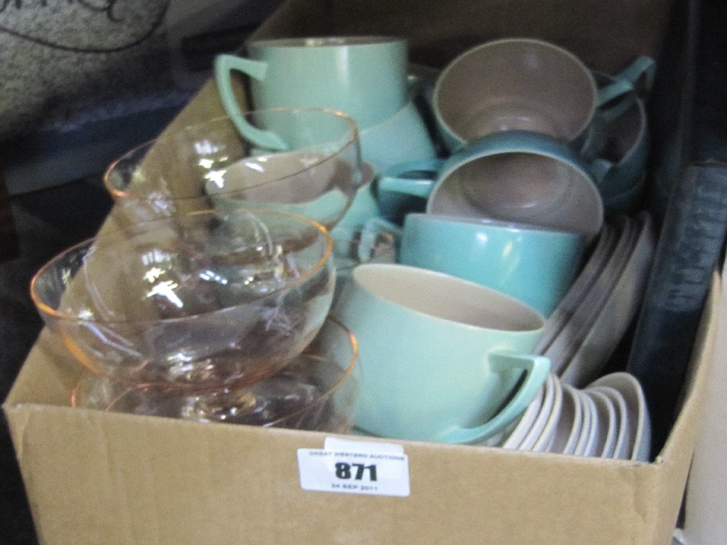 Appraisal: Box of Branksome China teawares pink glass sundae dishes etc