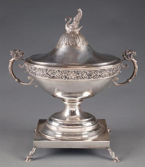 Appraisal: Continental silver lidded tureen with swan finial th century Oval