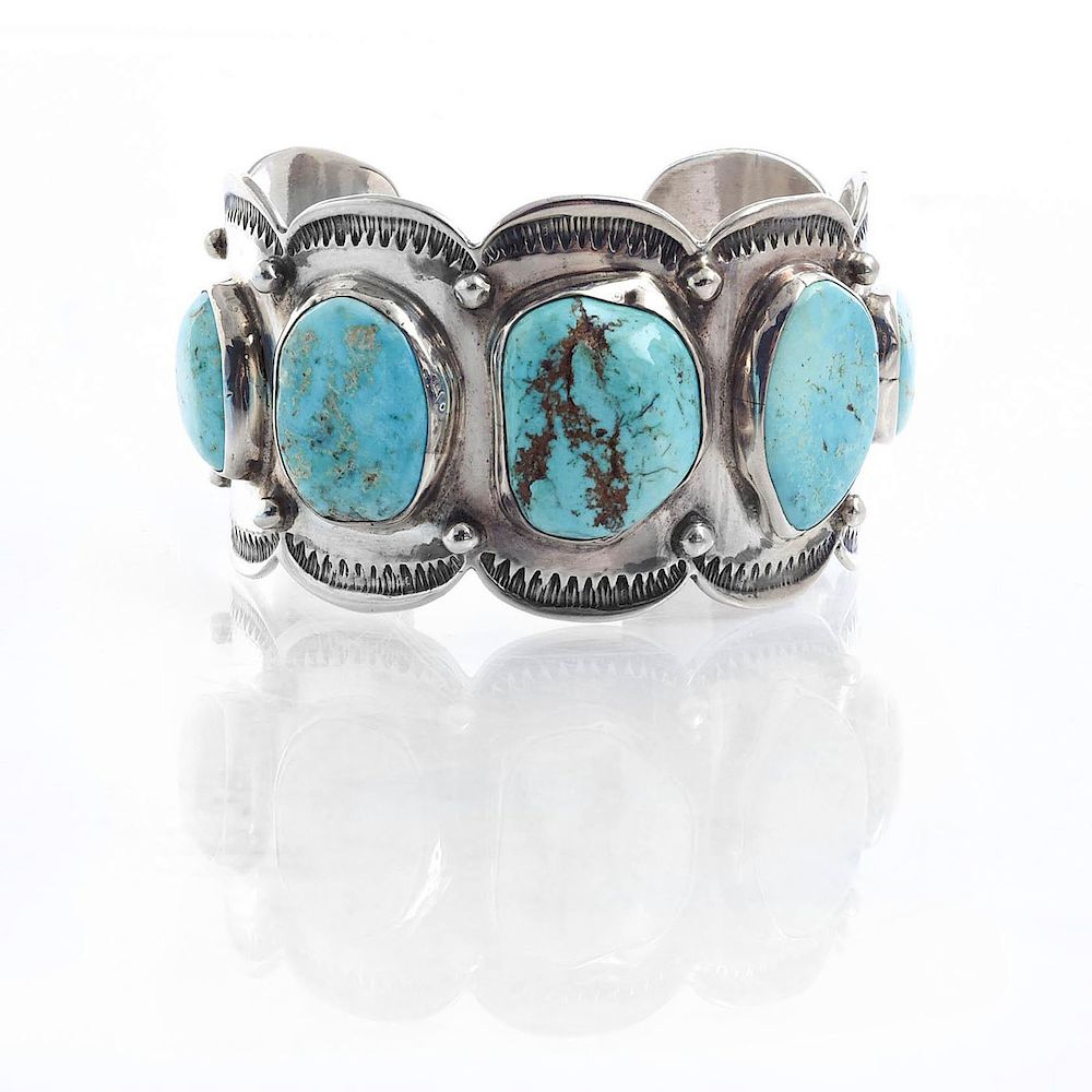 Appraisal: NAVAJO SILVER BRACELET WITH INSET TURQUOISE Cuff bracelet with inset