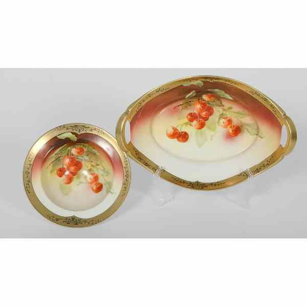 Appraisal: Bavarian Hand-painted Tablewares Two Bavarian porcelain tablewares with hand-painted cherry