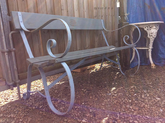 Appraisal: A BLUE PAINTED WROUGHT IRON BENCH cm wide