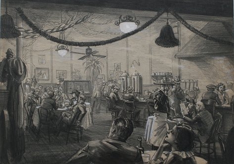 Appraisal: GLEASON Duncan American - Tropical restaurant interior scene Illustration Pencil