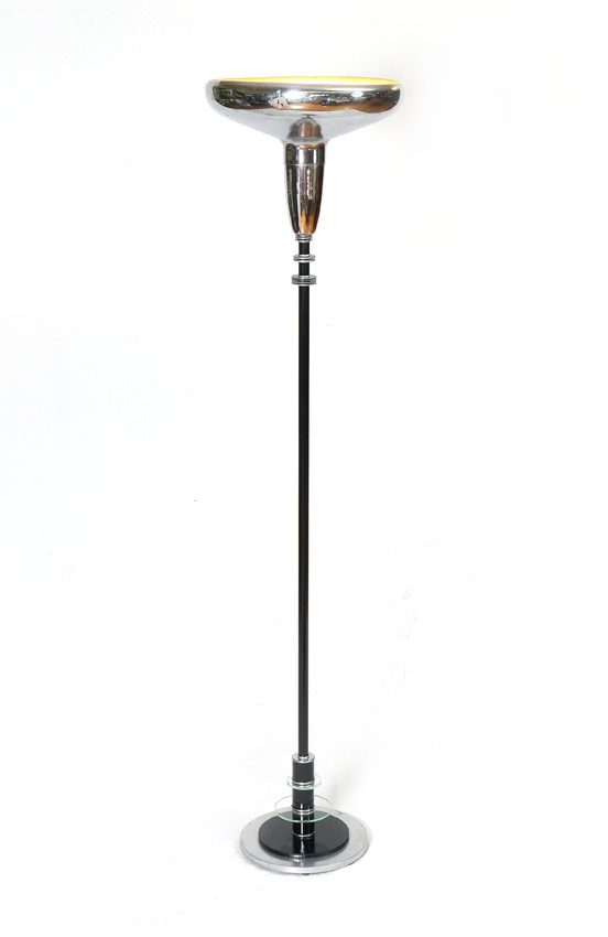 Appraisal: ROYALCHROME STREAMLINE DECO FLOOR TORCHIERE LAMP Chrome shade black metal