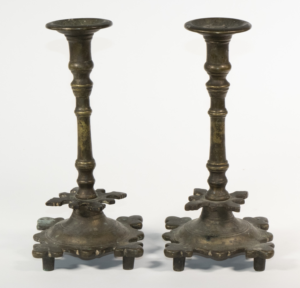 Appraisal: PR EARLY RUSSIAN BRONZE CANDLESTICKS Pair of th c Handmade